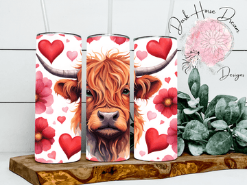 Dark Horse Dream Designs LLC Dark Horse Dream Designs LLC - Hearts and Flowers Highland Cow - Valentine's Day Tumbler